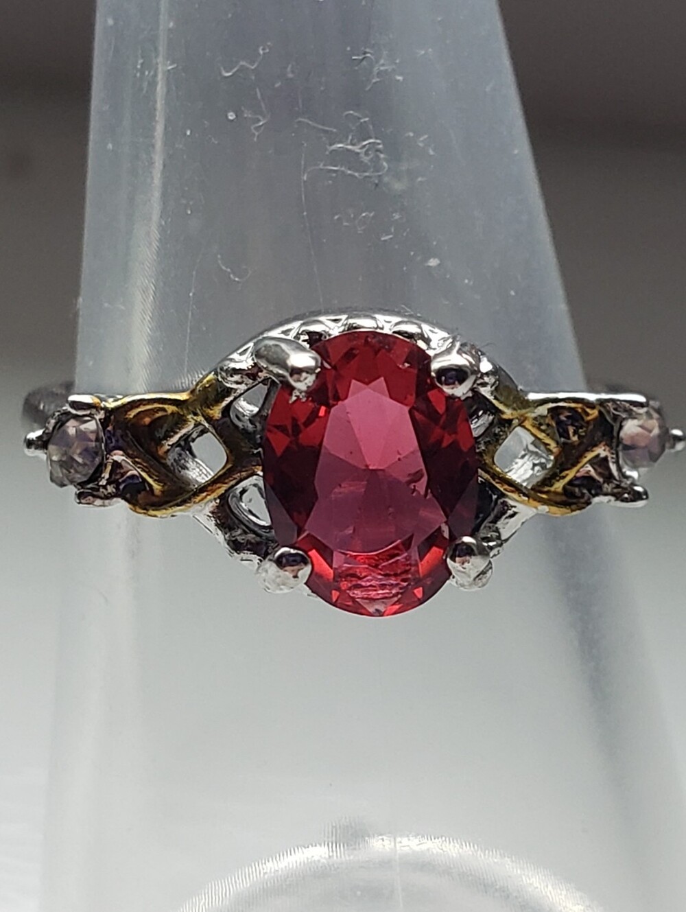 NEW Ruby Ring Oval Cut Fashion In Silvertone & Gold Accents, Delicate Beauty.